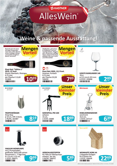 KASTNER Abholmarkt und Gastrodienst Flugblatt-Beilage Schwerpunkt Weine und passende Ausstattung. Gültig von 5. bis 17. Mai 2025.